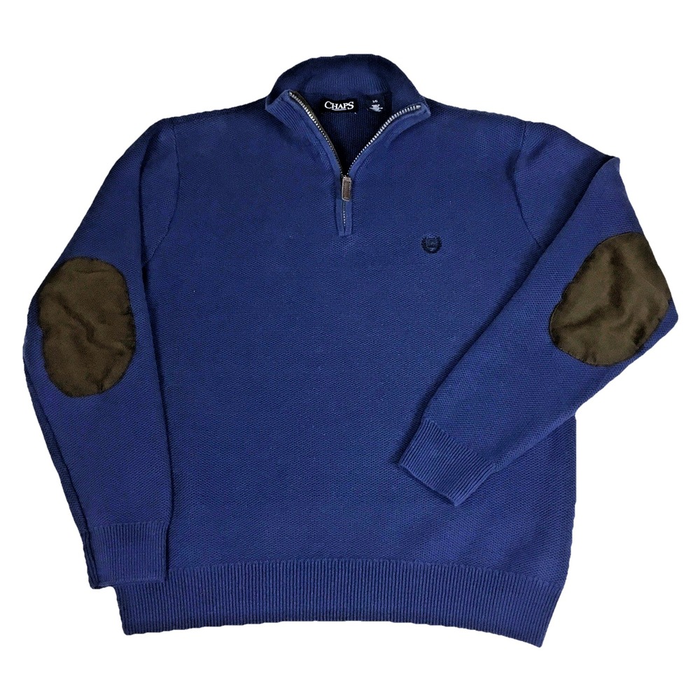 Chaps Mens Large Blue 100% Cotton Quarter Zip Sweater with Brown Elbow Patches